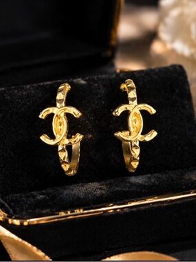 14K Gold CC Logo Hoop Earrings